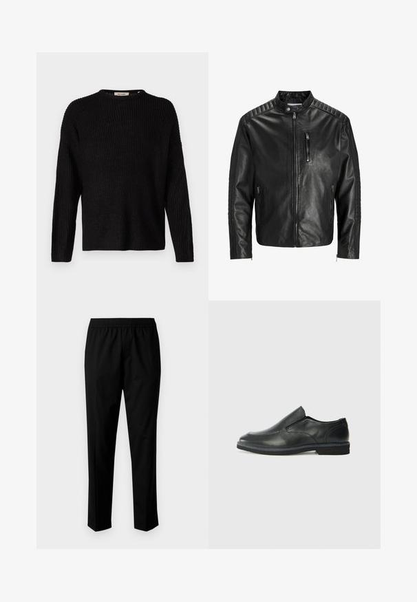 Črna usnjena jakna s stojčkovim ovratnikom, z zadrgo spredaj in dvema stranskima žepoma. Ima rebrasto teksturo na ramenih in rokavih.; Črn pleteni pulover z dolgimi rokavi, okroglo izrezom in rebrasto teksturo. Ima rahlo ohlapen kroj in preprost dizajn.; Črne hlače z elastičnim pasom, s ravnim krojem. Tkanina se zdi gladka z mat teksturo, brez vidnih vzorcev.; Črne usnjene natikače z gladkim zgornjim delom, prišitimi detajli, zaobljenim nosom in nizkim gumijastim petkom. Podplat ima minimalen profil.