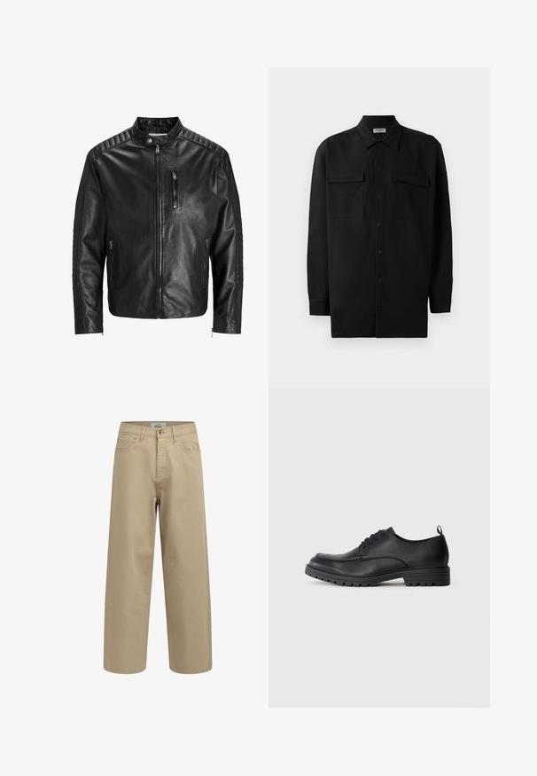 Veste en cuir noire avec col montant, fermeture éclair à l'avant et deux poches latérales. Présente une texture côtelée sur les épaules et les manches.; Chemise noire à manches longues en tissu lisse, dotée d'un col classique, de deux poches devant et de poignets à boutons.; Pantalon large beige en tissu de coton. Comprend une fermeture à bouton, des passants de ceinture et des poches avant. Texture lisse sans motifs visibles.; Chaussure habillée en cuir noir avec une texture lisse, bout arrondi, cordons à l'avant et semelle en caoutchouc robuste avec un motif cranté.