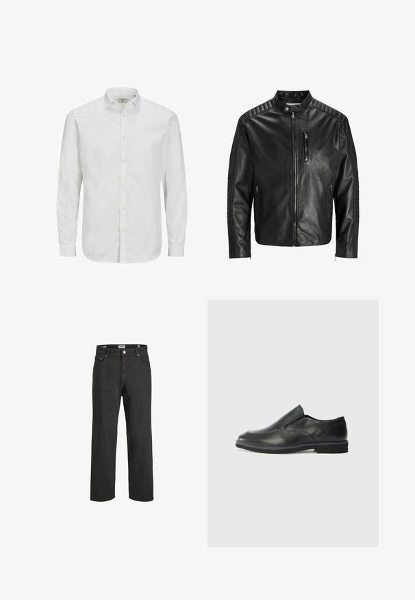 Chaqueta de cuero negro con cuello alzado, cierre al frente y dos bolsillos laterales. Presenta un acabado acanalado en los hombros y las mangas.; Camisa blanca de manga larga y botón de algodón, con un cuello clásico, corte recto y una textura sutil. Cierre de botones estándar.; Vaqueros negros de pierna recta hechos de algodón, con un clásico diseño de cinco bolsillos, cierre de botón y detalles de costura sutiles.; Zapato negro de cuero sin cordones con un upper suave, detalles de costura, punta redonda y un bajo tacón de goma. La suela presenta una tracción mínima.