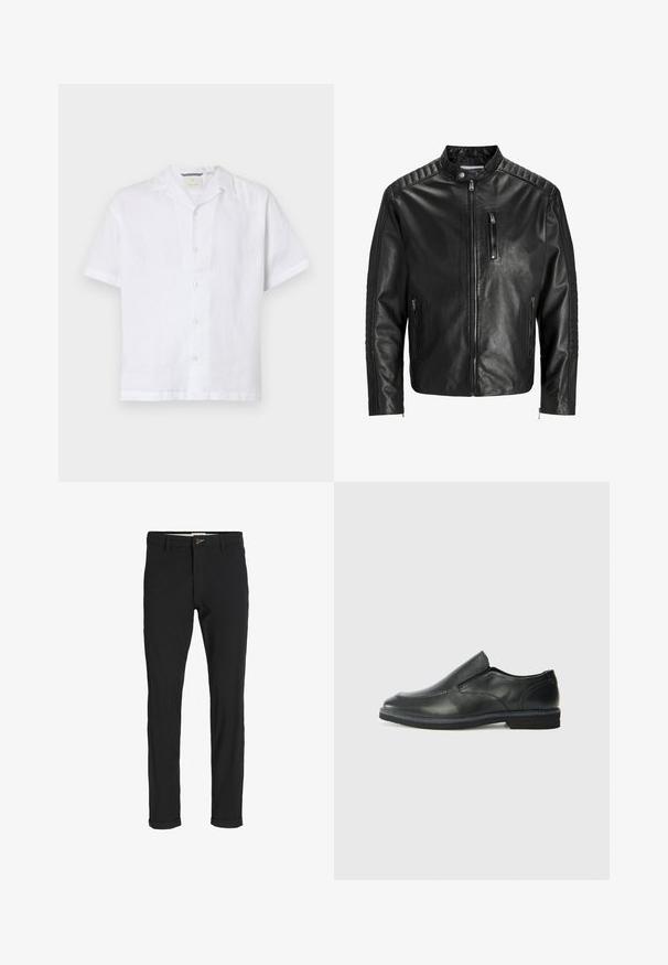 Juoda odinė striukė su stovinčiu apykakle, užtrauktuku priekyje ir dviem šoninėmis kišenėmis. Sukurta su raukšlėta tekstūra pečiuose ir rankovėse.; Balta trumpų rankovių marškiniai, pagaminti iš lengvos lino medžiagos, su stovyklos tipo apykakle ir užsegimu su dekoratyviniais mygtukais.; Juodi medvilnės mišiniai kelnės su siauru siluetu, su mygtuko uždarymu, kišenėmis ir sukamučiais galais, suteikiančiais laisvalaikio stilių.; Juodai odiniai įtvirtinimo batai su lygiu paviršiumi, siuvinėjimo akcentais, apvalia nosimi ir žemu guminiu kulnu. Pado raštas minimalus.