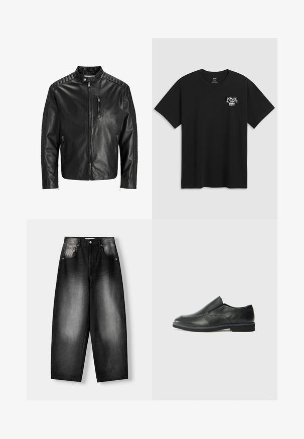 Svart läderjacka med ståkrage, dragkedja fram och två sidofickor. Har ribbad textur på axlar och ärmar.; Svart bomullströja med en brösttryck som säger "HUSVÄXTER" i vitt stiliserat typsnitt med "Levi's" under. Klassisk crew-neck.; Svarta denimjeans med vid benvidd, med en blekt gradient från mörk till ljus, fem fickor och tryckknappsstängning.; Svart lädersko i slip-on-modell med en slät ovandel, sömnadsdetaljer, rund tå och låg gummihäl. Sulan har minimal mönstring.