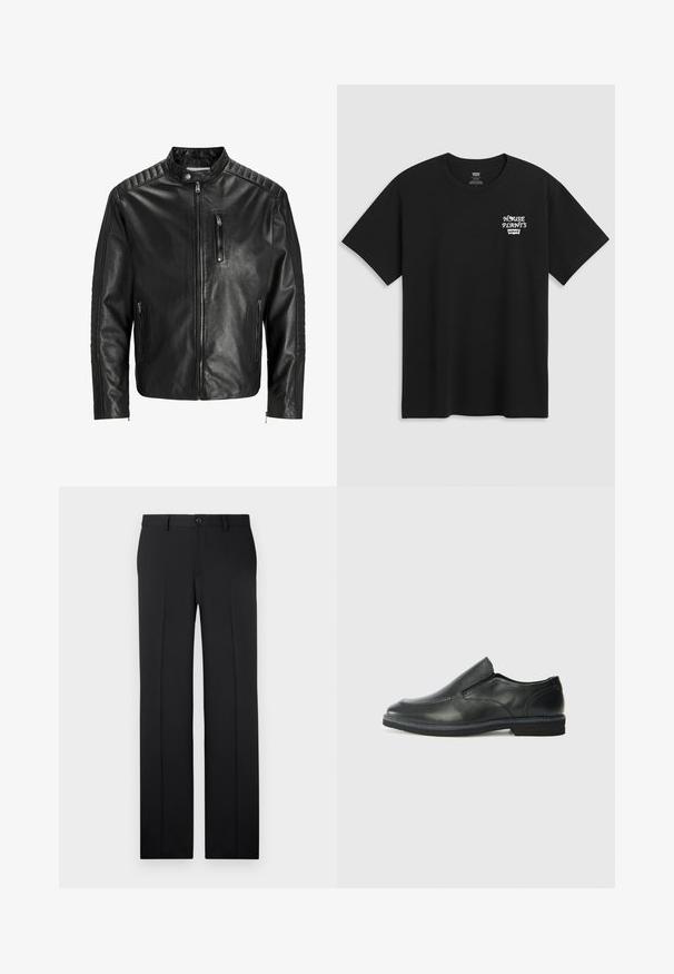 Černá kožená bunda s stojáčkem, zapínáním na zip a dvěma bočními kapsami. Obsahuje žebrovanou texturu na ramenou a rukávech.; Černé bavlněné tričko s potiskem na hrudi, který zní "HOUSE PLANTS" v bílém stylizovaném písmu s "Levi's" pod ním. Klasický výstřih ve stylu crew.; Černé kalhoty s rovnými nohavicemi, hladká tkanina, přední skladby a zapínání na jeden knoflík v pase.; Černá kožená nazouvací bota s hladkým svrškem, prošívanými detaily, zaoblenou špičkou a nízkým gumovým podpatkem. Podešev má minimální vzorek.