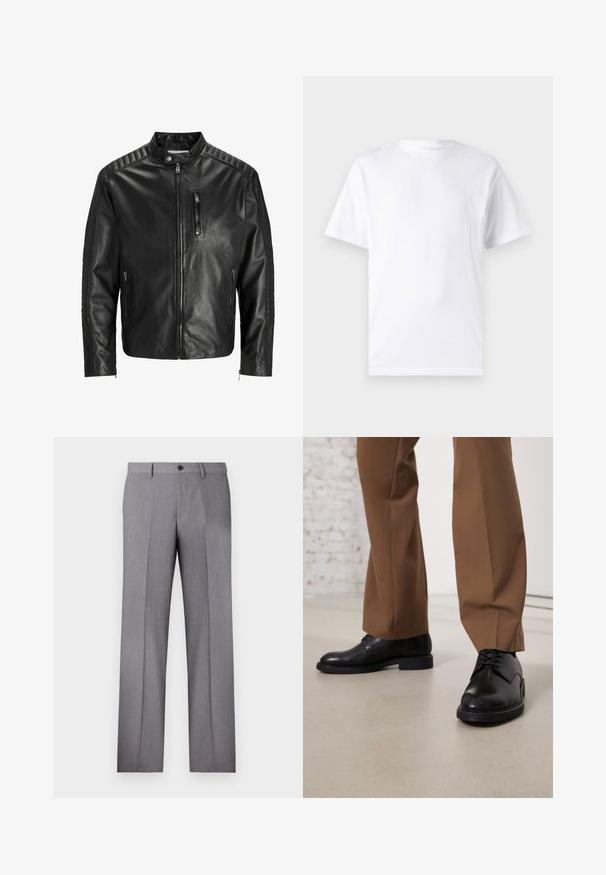 Svart skinnjakke med ståkrage, glidelås foran og to sidelommer. Har ribbete tekstur på skuldrene og ermer.; Hvit kortermet t-skjorte laget av bomull med rund hals, med en jevn tekstur og et enkelt design uten mønstre eller detaljer.; Grå skreddersydde bukser med flat front, to sidelommer og en enkel knappelukking. Glatt tekstur med et subtilt stripe-mønster.; Svarte lær sko med glatt overflate og rund tå, med snøring og lav, flat såle. Kombinert med brune bukser.