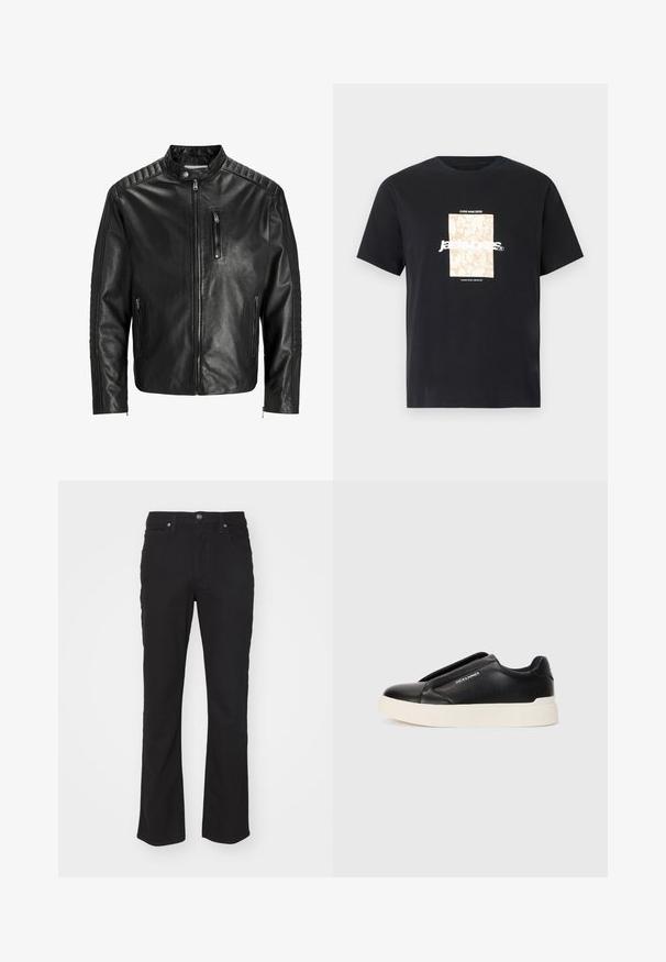 Chaqueta de cuero negro con cuello alzado, cierre al frente y dos bolsillos laterales. Presenta un acabado acanalado en los hombros y las mangas.; Camiseta de algodón negra con cuello redondo. Presenta un gráfico rectangular beige y texto blanco, "JAWO," centrado en la parte delantera. Mangas cortas.; Pantalones acampanados de denim negro con cierre frontal de botón y cremallera, cinco bolsillos y una textura suave con detalles de costura sutiles.; Zapatillas negras sin cordones con parte superior de cuero texturizado, suela de goma blanca y sin cordones visibles. Presenta el logo de la marca en el costado.