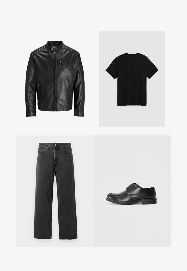 Chaqueta de cuero negro con cuello alzado, cierre al frente y dos bolsillos laterales. Presenta un acabado acanalado en los hombros y las mangas.; Levi's® BOXTAB - Camiseta estampada - boxtab in black bas; Vaqueros de mezclilla negra con diseño de pierna recta, estilo de cinco bolsillos y un cierre clásico de botón. Presenta un sutil tejido texturizado.; Zapatos de cuero negro con cordones y puntera redondeada, de textura suave y tacón bajo. Presentan detalles de costura a lo largo de la parte superior y los lados.