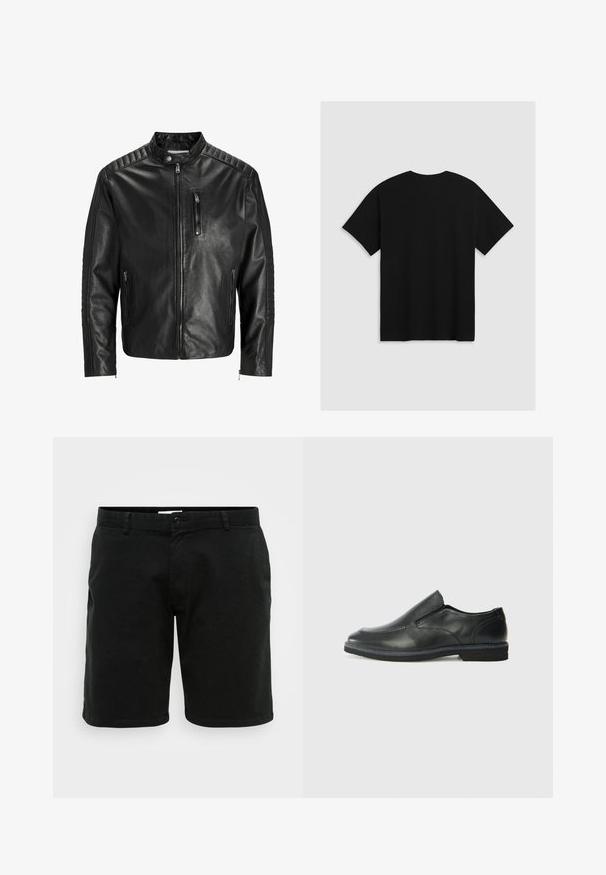 Schwarze Lederjacke mit Stehkragen, Reißverschluss vorne und zwei seitlichen Taschen. Besitzt ein geripptes Muster an Schultern und Ärmeln.; Levi's® BOXTAB - T-Shirt print - boxtab in black bas; Schwarze Baumwollshorts mit geradem Schnitt. Mit Knopfverschluss und Gürtelschlaufen. Glatte Textur und leicht über dem Knie.; Schwarze Leder-Slipper mit glattem Obermaterial, gesteppten Akzenten, runder Zehenpartie und niedrigem Gummiabsatz. Die Sohle hat ein minimales Profil.