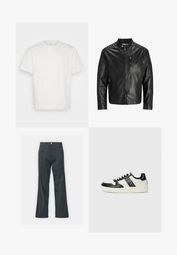 Sort læderjakke med ståkrave, lynlås foran og to sidelommer. Har ribbet tekstur på skuldrer og ærmer.; Calvin Klein Jeans Plus PLUS TEXTURED MONOLOGO TEE - T-shirts print - ivory; Sorte bukser med lige ben, lavet af en bomuldsblandingsstof. Har en metalknaplukning og sidelommer. Ingen synlige mønstre.; Lædersneakers i sort og creme farveskema, med perforerede detaljer, en polstret krave og en struktureret ydersål.