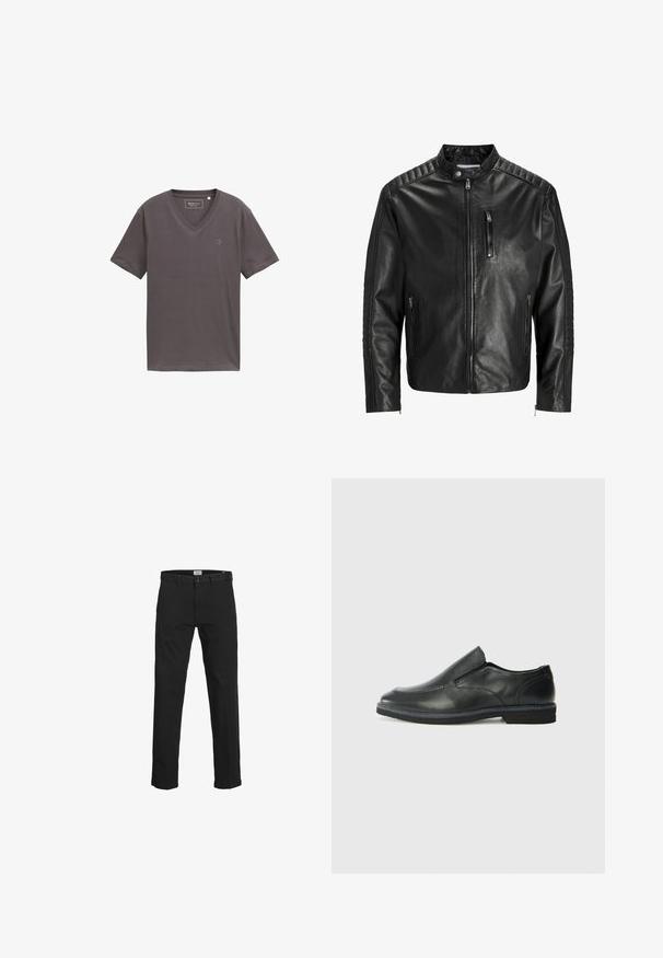 Veste en cuir noire avec col montant, fermeture éclair à l'avant et deux poches latérales. Présente une texture côtelée sur les épaules et les manches.; T-shirt gris à col en V fabriqué en tissu doux, à manches courtes, avec un logo subtil sur le côté gauche. Texture lisse avec une coupe décontractée.; Pantalons noirs en coton, à coupe droite, avec passants de ceinture, fermeture éclair et bouton, ainsi que poches latérales.; Chaussure slip-on en cuir noir avec une tige lisse, des accents cousus, un bout arrondi et un petit talon en caoutchouc. La semelle présente un profil de traction minimal.