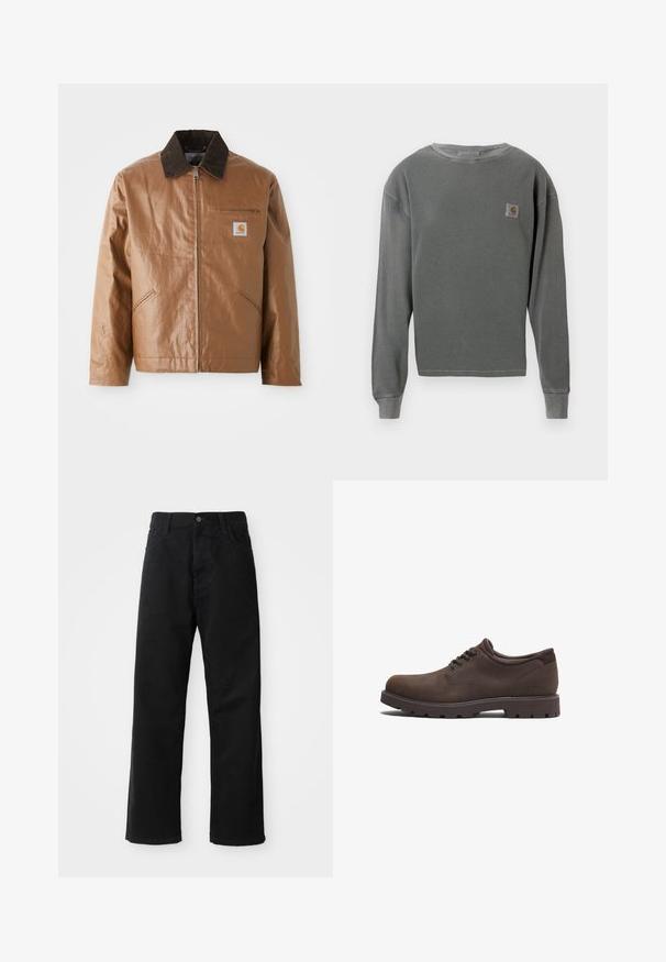 Giacca marrone con finitura lucida, dotata di un colletto in velluto a coste scuro, chiusura con zip, tasche laterali e una tasca sul petto con una patch del logo.; Pullover grigio a manica lunga con collo a girocollo, caratterizzato da una texture a coste, con una piccola etichetta quadrata logo sul lato sinistro del petto e polsini a coste.; Pantaloni in denim nero con taglio dritto, caratterizzati da tasche frontali, chiusura con zip e un singolo bottone superiore. Tessuto testurizzato con finitura opaca.; Scarpe in pelle marrone con punta arrotondata e design con lacci. Presentano una superficie testurizzata e una suola in gomma ad alta trazione. Logo sottile sul lato.