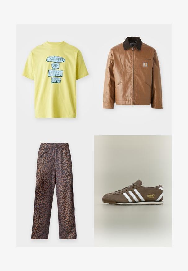 Casaco castanho com acabamento brilhante, apresentando um colarinho de veludo cotelê escuro, fecho com zíper, bolsos laterais e um bolso no peito com um patch de logotipo.; T-shirt de algodão amarelo com um design gráfico azul contendo o texto "CARHARTT WIP DETROIT U.S.A." em uma fonte bold e desgastada. Decote redondo, mangas curtas.; Calças de padrão de leopardo com cintura elástica. Feitas de um tecido brilhante, com uma base castanha e manchas pretas, e um design de corte solto.; Sapatilha em camurça castanha com três riscas brancas, sola de borracha plana, biqueira redonda e logótipo dourado "adidas Italia" do lado.