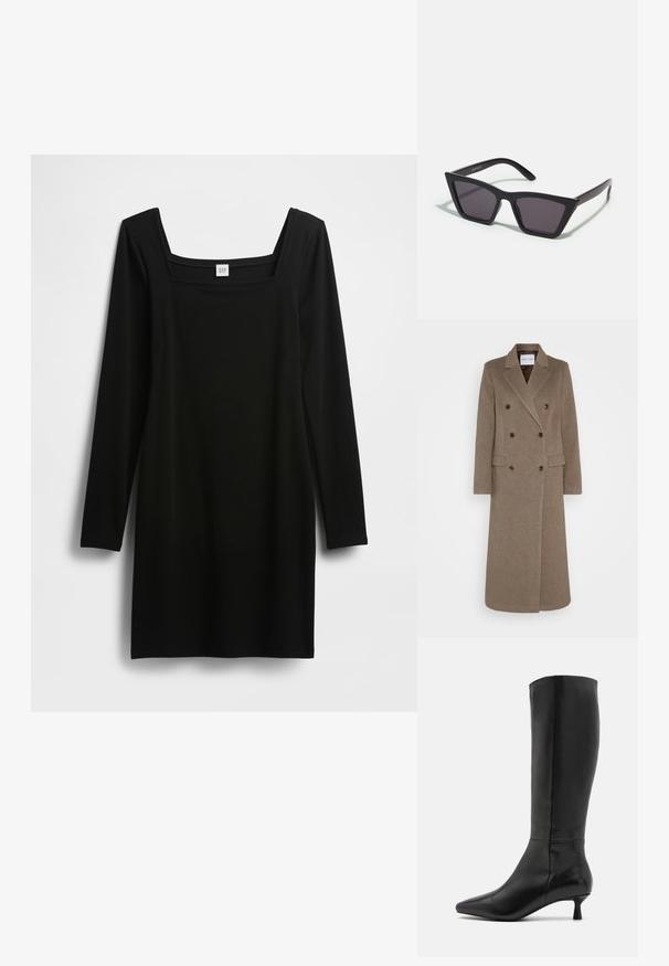 Dubbelsidig brun ullrock med spetsiga slag, två framfickor och kontrasterande bruna knappar. Längden når mitt på vaderna.; Svart klänning med lång ärm och fyrkantig halsringning, tillverkad av ett mjukt, stretchigt tyg. Enkel, kroppsnära design utan ytterligare mönster eller detaljer.; Zign Stövel - black; Svarta, vinklade solglasögon med grå linser; tillverkade av plast, med tjocka skalmar med en slät yta och utan synlig hårdvara.