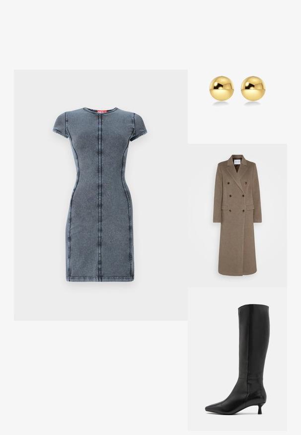 Kaksirivinen ruskea villakangastakki, jossa on viistetyt läpät, kaksi etutaskua ja kontrastoivat ruskeat napit. Pituus ulottuu puoleen sääristä.; Tummanharmaa farkkutakki, jossa on lyhyet hihat, pyöreä kaula-aukko ja keskelle ommeltu yksityiskohta. Suoraa tekstuuria, säädettävä siluetti, polviin ulottuva.; Zign Saappaat - black; Kultaiset pallomaiset korvakorut, joissa on kiiltävä ja heijastava pinta. Suunnittelu on yksinkertainen ja sileä, luoden modernin ja minimalistisen ilmeen.