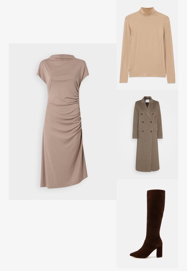 Kahe nööbiga pruun villa mantel, millel on soonilised kraed, kaks esist pocketit ja kontrastsed pruunid nööbid. Pikkus ulatub keskmise sääreni.; Pruun lühikeste varrukatega kleit, mis on valmistatud pehmest kangast. Kleit on varustatud volditud kaelusega ja külgedel on kogumisdetailid, et saavutada figuuri rõhutav siluett.; Peene pikad varrukad ja kõrge kaelusega turtleneck tops, mis on valmistatud pehmest ja tekstuurisest kangast; omab kitsast lõiget. Pole nähtavaid mustreid ega lisandusi.; Pruun nahast põlvini ulatuv saabas terava varbaga ja laia ruudukujulise kontsaga. Sujuv tekstuur koos vormitud varrega ja ilma nähtavate sulgudeta.; Pruun nubuk naha käekott lühikese rihmaga. Omab hõbedast logo, tähe aksenti ja sileda tekstuuri. Kompaktne ristkülikukujuline kuju.