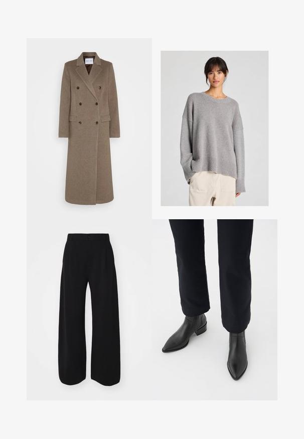 Dvojvrstni rjav volnen plašč z zareznimi ovratniki, dvema sprednjima žepoma in kontrastnimi rjavimi gumbi. Dolžina sega do polovičke meč.; Sivkasti pleten pulover z ohlapnim krojem, okroglim izrezom, rebrastimi manšetami in robom. Mehka tekstura z diskretnim pletenim vzorcem. Ujemamo z neobdelanimi hlačami.; GAP CASHSOFT TAILORED PANT - Hlače - black; Črne usnjene gležnjarje s koničastim nosom, blokastim petami in strukturiranimi stranskimi paneli, oblečene z temnimi hlačami proti beli podlagi.