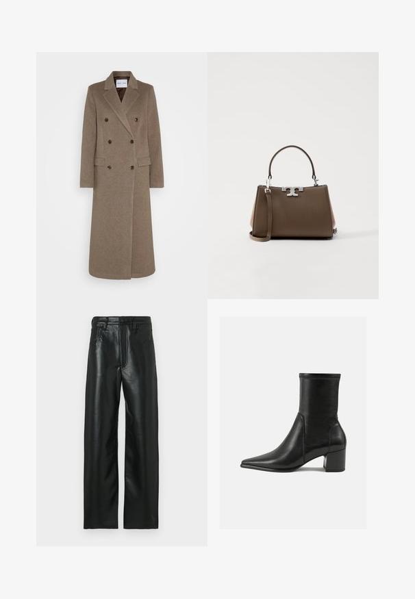 Dvojradový hnedý vlnený kabát s klopami, dvoma prednými vreckami a kontrastnými hnedými gombíkmi. Dĺžka dosahuje po polovicu lýtok.; Čierny dlhý rukáv rolák s rebrovanými manžetami a lemom, zobrazený na čistej bielej pozadí.; Čierne kožené nohavice so strihom na rovno, pričom majú zapínanie na gombík, púzdra na opasok a dve predné vrecká. Hladká textúra s jemným leskom.; Čierne členkové topánky vyrobené z hladkej kože, s špicatou špičkou, blokovým podpätkom a výrazným zvýšeným švom na hornom okraji.; Hnedá kožená kabelka so štruktúrovaným tvarom, striebornými kovovými prvkami a dvojitými rúčkami. Disponuje logom na prednej strane a odnímateľným popruhom.