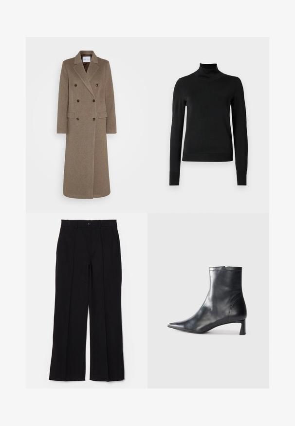 Manteau en laine marron à double boutonnage avec revers crantés, deux poches avant et boutons marron contrastants. Longueur atteignant le mollet.; Pull à col roulé noir à manches longues avec des poignets et un ourlet côtelés, présenté sur un fond blanc uni.; Pantalon noir avec un devant plat, des jambes droites et des poches. Fabriqué en tissu doux, il dispose d'une fermeture à un bouton et de passants de ceinture.; Bottine en cuir noir avec un bout pointu et un design épuré. Présente un petit talon et une fermeture éclair à l'arrière. Texture lisse.
