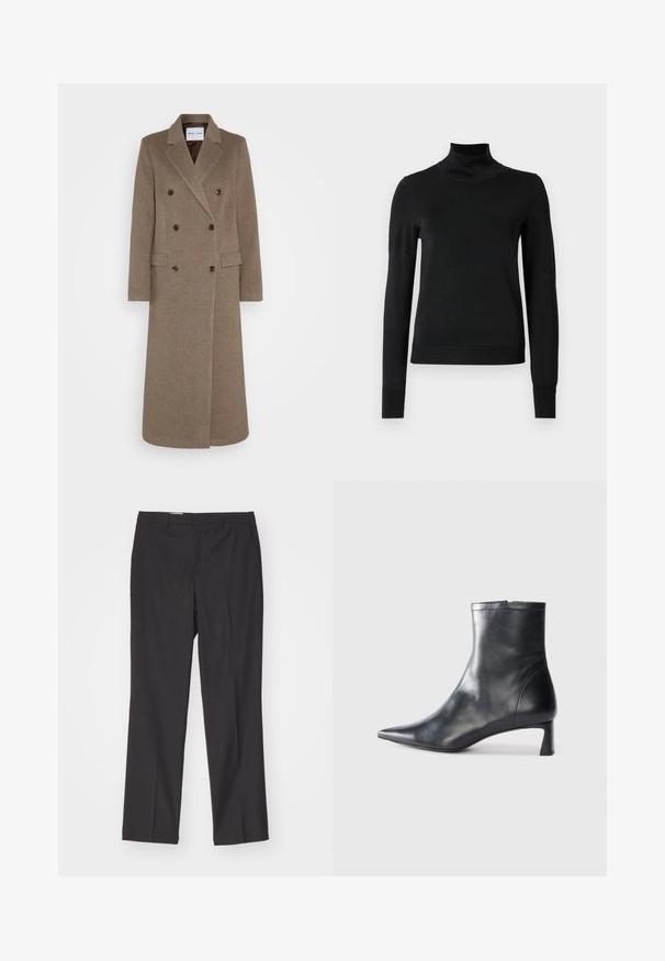 Double-breasted brown wool coat with notched lapels, two front pockets, and contrasting brown buttons. Length reaches mid-calf.; Black long-sleeve turtleneck sweater with ribbed cuffs and hem, displayed on a plain white background.; Black tailored trousers with a straight leg design, featuring belt loops and a smooth texture, made from lightweight fabric.; Black leather ankle boot with a pointed toe and a sleek design. Features a low heel and a zipper closure at the back. Smooth texture.
