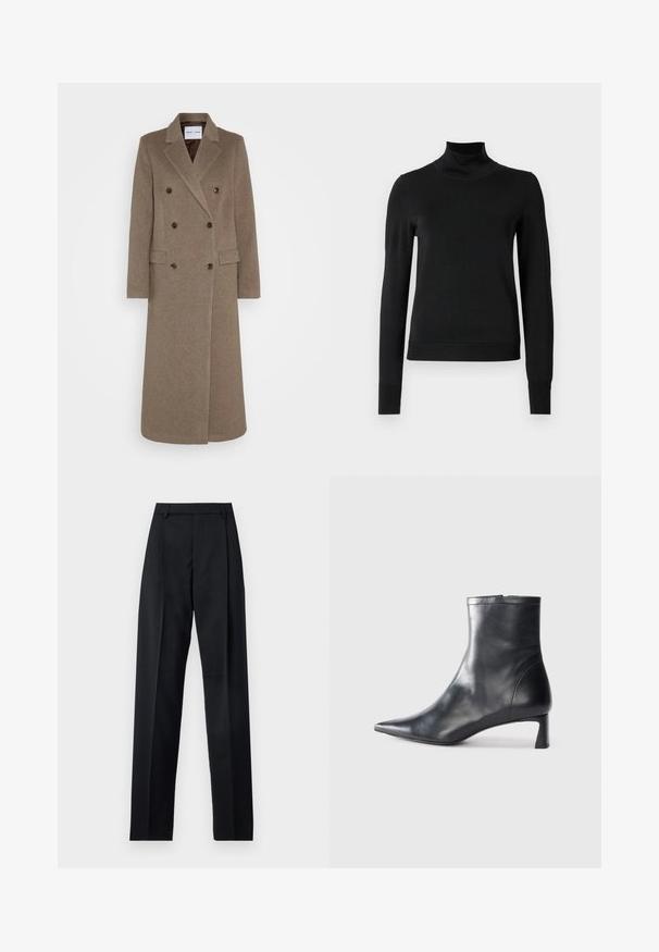 Dvojradový hnedý vlnený kabát s klopami, dvoma prednými vreckami a kontrastnými hnedými gombíkmi. Dĺžka dosahuje po polovicu lýtok.; Čierny dlhý rukáv rolák s rebrovanými manžetami a lemom, zobrazený na čistej bielej pozadí.; Čierne nohavice vyrobené z hladkej látky s vysokým pásom, širokými nohavicami, prednými záhybmi a klasickými pútkami na opasok. Žiadne bočné vrecká nie sú viditeľné.; Čierne kožené členkové topánky s špicatou špičkou a elegantným dizajnom. Majú nízky podpätok a zips na zadnej strane. Hladká textúra.