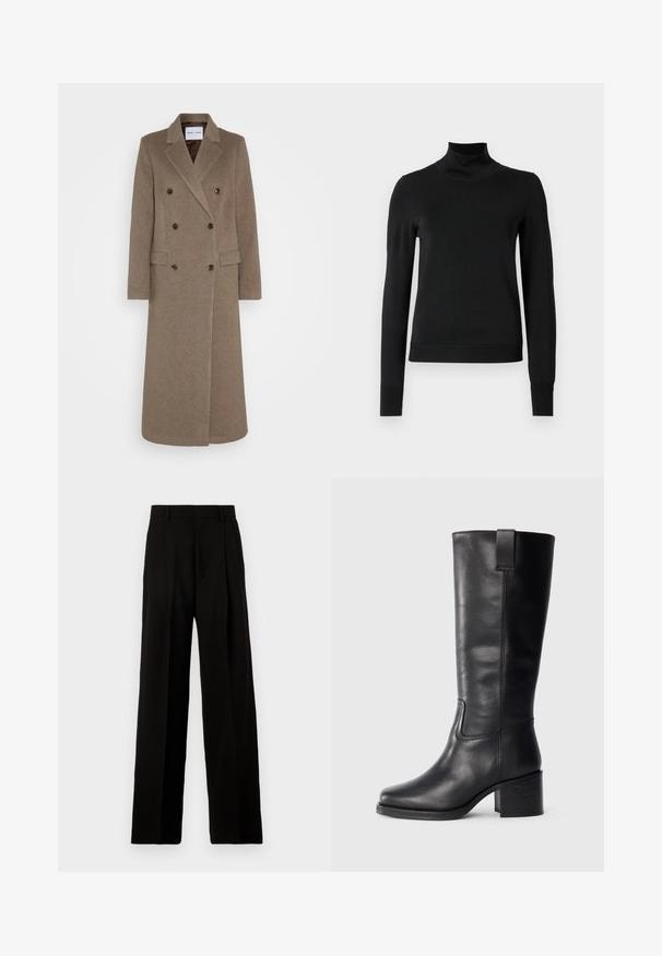 Dubbelzijdige bruine wollen jas met geknipte revers, twee zijzakken en contrasterende bruine knopen. De lengte reikt tot halverwege de kuit.; Zwarte trui met lange mouwen en col, voorzien van geribde manchetten en zoom, weergegeven op een effen witte achtergrond.; Zwarte wijde broek van gladde stof, met een hoge taille, plooien aan de voorkant en een schone, op maat gemaakte uitstraling zonder versieringen.; Zwarte leren kniehoge laarzen met een gladde textuur, vierkante neus, blokhak en zijhandvat, met minimale stikseldetails.
