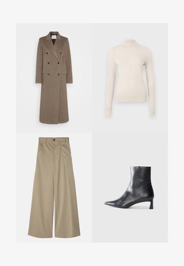 Dvigubos rudos vilnos švarko su įpjovomis apykaklėmis, dviem priekinėm kišenėm ir kontrastingais rudais mygtukais. Ilgis siekia vidurinę blauzdą.; Šviesiai smėlio spalvos puošnus megztinis, pagamintas iš minkštos megztos medžiagos, su ilgomis rankovėmis ir delikačiai raukšlėta iškirpte.; MM6 Maison Margiela PANTS - Kelnės - bus green; Juodas odinis kulkšninis batas su smailiu pirštu ir elegantišku dizainu. Turi žemą kulną ir užtrauktuką gale. Lygi tekstūra.
