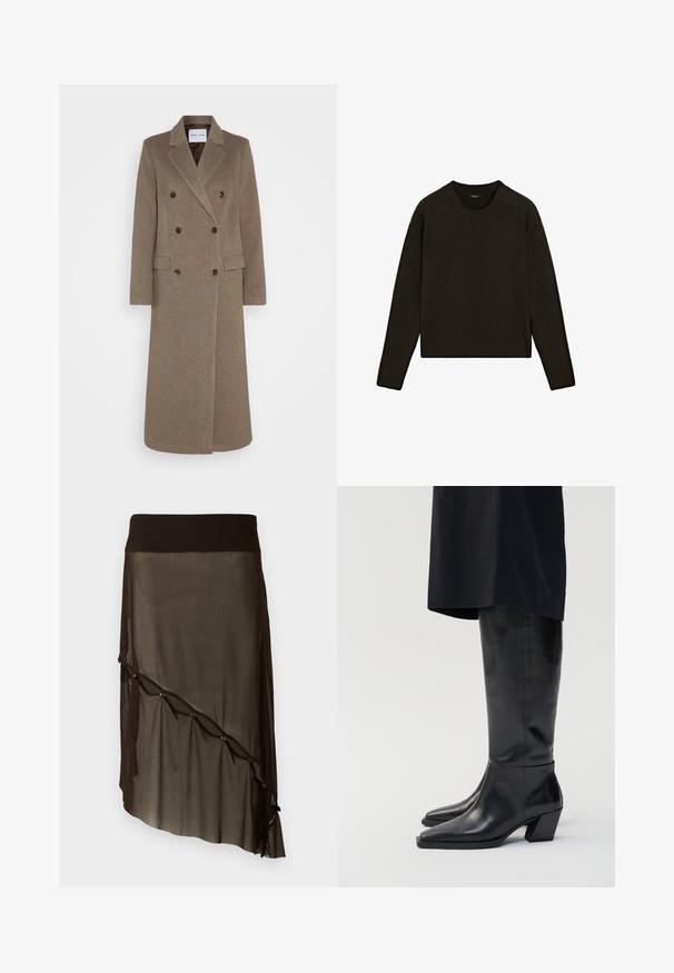 Double-breasted brown wool coat with notched lapels, two front pockets, and contrasting brown buttons. Length reaches mid-calf.; Dark brown knitted sweater with a crew neckline, long sleeves, and ribbed hem. Soft texture with a relaxed fit, suitable for layering.; Black mesh skirt with a fitted waistband, asymmetrical hem, decorative buttons along the front, and layered sheer texture.; Black leather knee-high boots with a pointed toe and square block heel, featuring smooth texture and minimalist design.