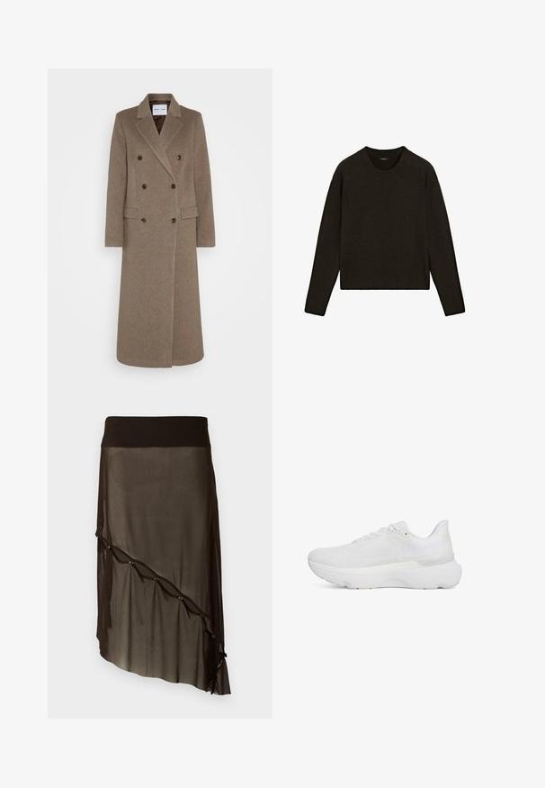 Doppelreiher brauner Wollmantel mit schmalen Revers, zwei vorderen Taschen und kontrastierenden braunen Knöpfen. Die Länge reicht bis zur Mitte der Waden.; Dunkelbrauner Strickpullover mit Rundhalsausschnitt, langen Ärmeln und geripptem Saum. Weiche Textur mit lockerer Passform, ideal zum Übereinandertragen.; Schwarzer Mesh-Rock mit einem taillierten Bund, asymmetrischem Saum, dekorativen Knöpfen an der Vorderseite und geschichteter transparenter Textur.; Weiße Sportschuh mit einem strukturierten Mesh-Obermaterial, gepolstertem Kragen, dämpfender Sohle und minimalistischen Design mit tonal abgestimmten Akzenten.