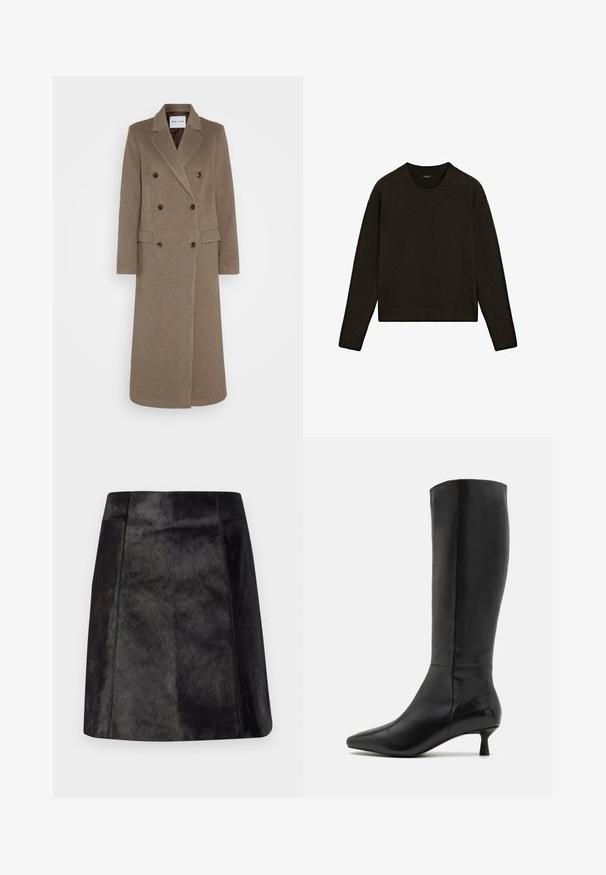 Doppelreiher brauner Wollmantel mit schmalen Revers, zwei vorderen Taschen und kontrastierenden braunen Knöpfen. Die Länge reicht bis zur Mitte der Waden.; Dunkelbrauner Strickpullover mit Rundhalsausschnitt, langen Ärmeln und geripptem Saum. Weiche Textur mit lockerer Passform, ideal zum Übereinandertragen.; Schwarzer Leder-Minirock mit einer glatten, strukturierten Oberfläche. Verfügt über eine taillierte Passform und klare Linien, die das schlanke Design betonen.; Zign Stiefel - black