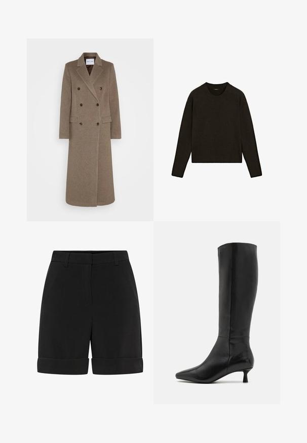 Dvojitě zapínaný hnědý vlněný kabát s klopami, dvěma předními kapsami a kontrastními hnědými knoflíky. Délka kabátu dosahuje do poloviny lýtek.; Tmavě hnědý pletený svetr s kulatým výstřihem, dlouhými rukávy a žebrovaným lemem. Měkká textura s uvolněným střihem, vhodný k vrstvení.; Černé zakázkově šité šortky vyrobené z hladké látky, s plochým předním dílem, ohrnutými lemy a standardním pasem s poutky na opasek.; Zign Vysoká obuv - black