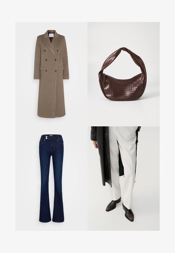 Dvostruko kopčani smeđi kaput od vune s izrezanim reverima, dva prednja džepa i kontrastne smeđe gumbe. Dužina doseže do sredine lista.; Crna rebrasta dolčevita, s dugim rukavima i uskim krojem. Tekstura je glatka s horizontalnim rebrastim uzorkom.; Tamno plave široke traperice s visokim strukom, dva prednja džepa i dva dugmad za zatvaranje. Napravljene od denima s glatkom teksturom.; Smeđe kožne gležnjače sa šiljatim vrhom i blok petom, uparene s bijelim krojenim hlačama i crnim kožnim kaputom.; Smeđa pletena kožna torba s zakrivljenom, čvoranom ručkom i zatvaranjem na patentni zatvarač. Glatka tekstura i zaobljeni oblik.