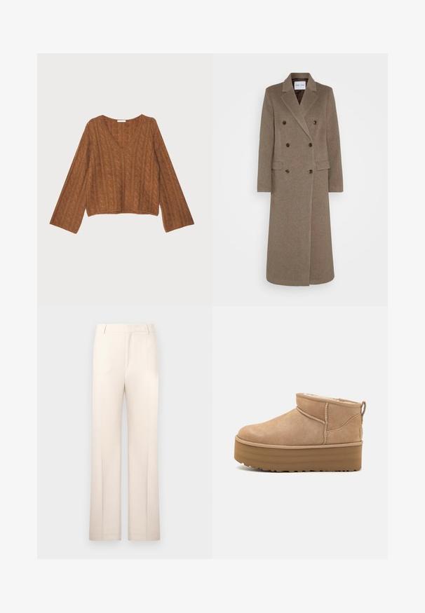 Dvojitě zapínaný hnědý vlněný kabát s klopami, dvěma předními kapsami a kontrastními hnědými knoflíky. Délka kabátu dosahuje do poloviny lýtek.; Hnědý svetr s pleteným vzorem a výstřihem do V, zkrácené délky a dlouhými rukávy. Měkká textura s vlnitým vzorem po celém povrchu.; Růžové upravené kalhoty s rovnými nohavicemi, vyrobené z lehké látky. Má přední sklady a klasický pas.; Béžové semišové kotníkové boty s plyšovým interiérem, které mají platformovou podrážku a poutko na zadní straně pro snadné obutí. Texturovaná gumová podrážka.