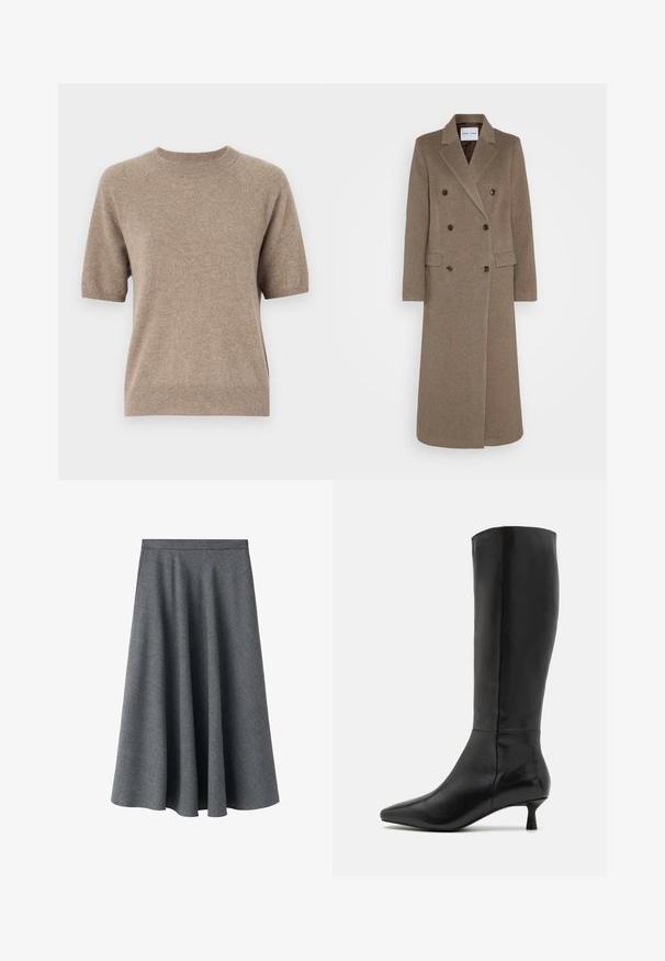Dvojvrstni rjav volnen plašč z zareznimi ovratniki, dvema sprednjima žepoma in kontrastnimi rjavimi gumbi. Dolžina sega do polovičke meč.; Pulover s kratkimi rokavi v svetlo bež barvi, izdelan iz mehkega, teksturiranega blaga. Ima okroglo izrezo in rebraste manšete ter rob. Ohlapen dizajn.; Siva A-linija midi krila iz teksturirane volnene mešanice. Ima visok pas in tekočo, razširjeno silhueto.; Zign Škornji - black