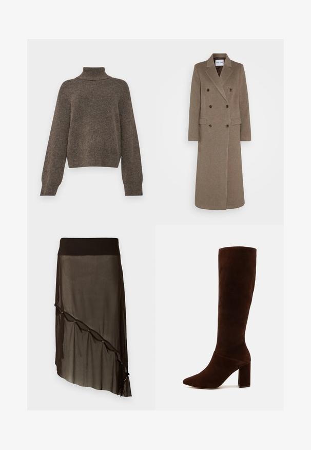 Double-breasted brown wool coat with notched lapels, two front pockets, and contrasting brown buttons. Length reaches mid-calf.; Brown, knitted sweater with a high collar and loose fit. Features long sleeves and a soft, textured fabric.; Black mesh skirt with a fitted waistband, asymmetrical hem, decorative buttons along the front, and layered sheer texture.; Brown suede knee-high boot with a pointed toe and a chunky square heel. Smooth texture with a fitted shaft and no visible fastenings.