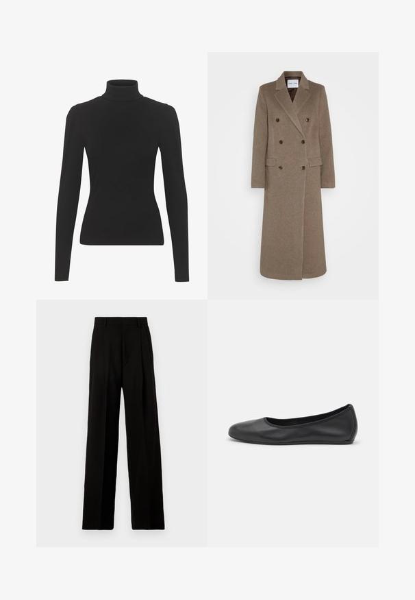 Palton din lână maro, cu două rânduri de nasturi și rever răsfrânt, două buzunare frontale și nasturi maro contrastanți. Lungimea ajunge până la jumătatea gambei.; Tricou negru cu guler înalt, realizat dintr-un material texturat, având mâneci lungi și o siluetă ajustată. Textură netedă cu detalii subtile la umeri.; Pantaloni negri cu picioare largi, confecționați dintr-un material neted, cu talie înaltă, pliseuri frontale și un design curat, croit, fără embellishments.; Balerini din piele neagră, cu vârf rotund, textură netedă, detalii de cusătură minimale și un design al tălpii flexibil.