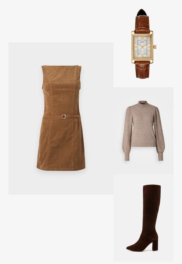 Double-breasted brown wool coat with notched lapels, two front pockets, and contrasting brown buttons. Length reaches mid-calf.; Knit pullover sweater in light brown, featuring a high neckline, puffed long sleeves, and ribbed cuffs and hem. Soft, textured fabric.; Brown corduroy dress with a square neckline, sleeveless design, fitted bodice, and a belt featuring a silver circular hardware detail.; Brown suede knee-high boot with a pointed toe and a chunky square heel. Smooth texture with a fitted shaft and no visible fastenings.; Brown suede handbag with a short strap. Features a silver logo, star accent, and smooth texture. Compact rectangular shape.; Casio quartz watch with a rectangular gold-tone case, white face, gold hour markers, and brown leather crocodile-pattern strap. Water-resistant.