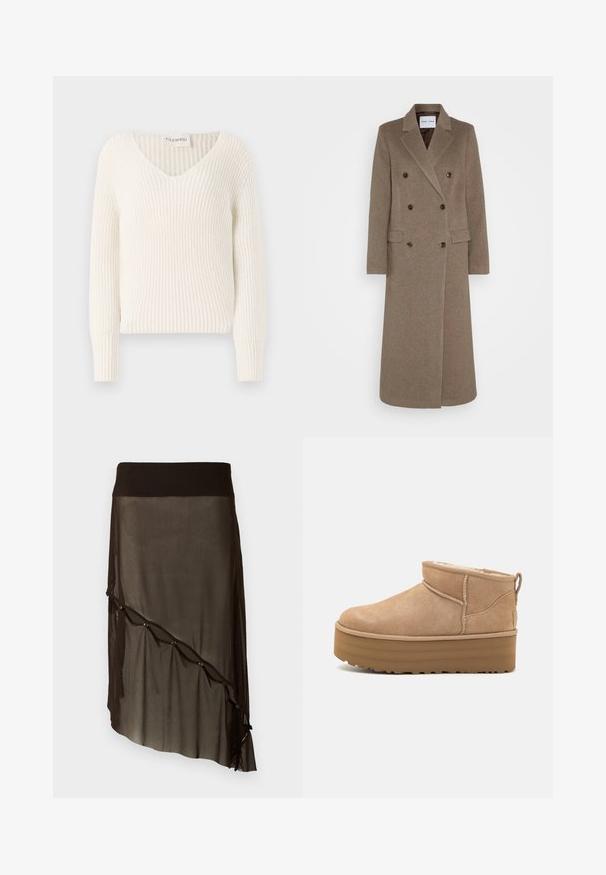Palton din lână maro, cu două rânduri de nasturi și rever răsfrânt, două buzunare frontale și nasturi maro contrastanți. Lungimea ajunge până la jumătatea gambei.; Pulover alb din tricot cu dungi, cu guler în V, mâneci lungi și o croială lejeră. Eticheta spune "CLOSED" la guler.; Fustă din plasă neagră, cu un talie ajustată, hem asymetric, nasturi decorativi pe față și textură transparentă în straturi.; Botine din suede bej, cu interior moale, având o talpă pe platformă și un tab de tragere în spate pentru o purtare ușoară. Talpă exterioară din cauciuc texturat.