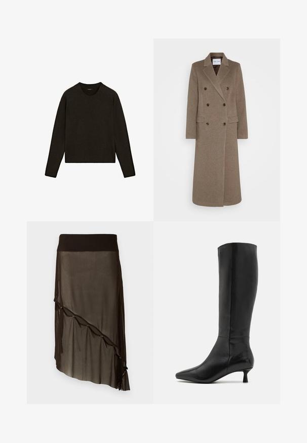 Cappotto in lana marrone doppiopetto con rever a punta, due tasche frontali e bottoni marroni a contrasto. La lunghezza raggiunge la metà del polpaccio.; Maglione a maglia color marrone scuro con scollatura rotonda, maniche lunghe e orlo a costine. Texture morbida con vestibilità rilassata, adatto per essere indossato a strati.; Gonna nera in rete con vita aderente, orlo asimmetrico, bottoni decorativi lungo il davanti e texture sovrapposta trasparente.; Zign Stivali alti - black