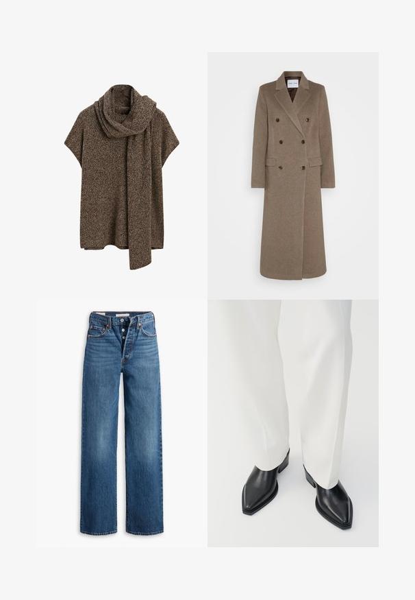 Double-breasted brown wool coat with notched lapels, two front pockets, and contrasting brown buttons. Length reaches mid-calf.; Brown and gray marled knit poncho with short sleeves and an attached long scarf draped around the neck.; Blue denim jeans with a wide-leg design, five pockets, button fly, and contrasting stitching. Textured fabric with a faded finish.; Black pointed-toe ankle boots with a smooth leather finish, low block heels, paired with white wide-leg trousers. Simple and modern design.
