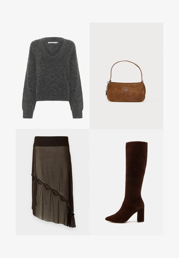 Cappotto in lana marrone doppiopetto con rever a punta, due tasche frontali e bottoni marroni a contrasto. La lunghezza raggiunge la metà del polpaccio.; Maglione grigio, soffice, con scollo a V, spalle scese e maniche lunghe. Il tessuto strutturato aggiunge profondità, creando un aspetto accogliente.; Maglione a collo alto beige con maniche lunghe, realizzato in un tessuto morbido e testurizzato; presenta una vestibilità aderente e un collo alto. Senza motivi visibili o elementi metallici.; Gonna nera in rete con vita aderente, orlo asimmetrico, bottoni decorativi lungo il davanti e texture sovrapposta trasparente.; Stivale marrone in suede alto fino al ginocchio con punta affilata e tacco quadrato spesso. Texture liscia con gambale aderente e senza chiusure visibili.; Borsa in suede marrone con una tracolla corta. Presenta un logo argentato, un accento a stella e una texture liscia. Forma rettangolare compatta.