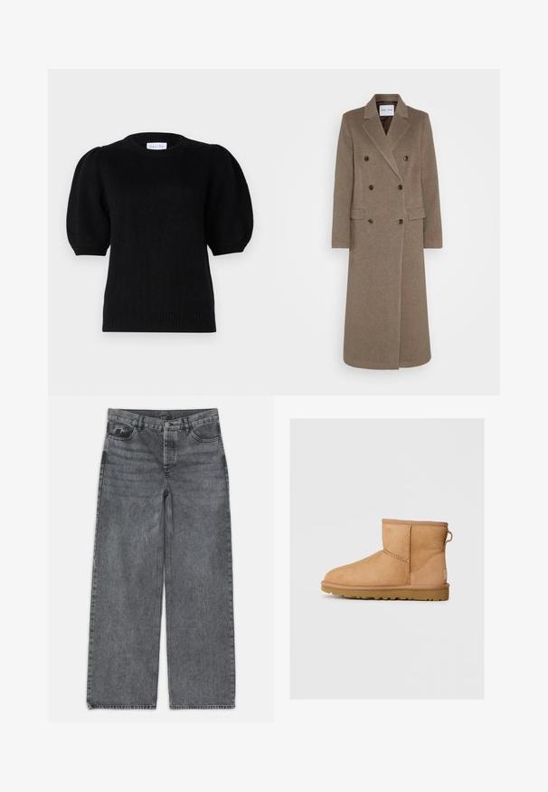 Dvojvrstni rjav volnen plašč z zareznimi ovratniki, dvema sprednjima žepoma in kontrastnimi rjavimi gumbi. Dolžina sega do polovičke meč.; Davida Cashmere PUFF SLEEVE - Pulover - black; Svetle hlače širokih nogavic v temno sivi denimu. Imajo visok pas, pet žepov in sprednji gumbasti zaklep. Gladka tekstura z občutnim zbledeljem.; Rjav nubuk čevlj z gležnjem s okroglo konico, šivanjem, zanko za pomoč pri oblačenju na hrbtni strani in teksturiranim gumijastim podplatom. Zasnovan za udobje in toplino.