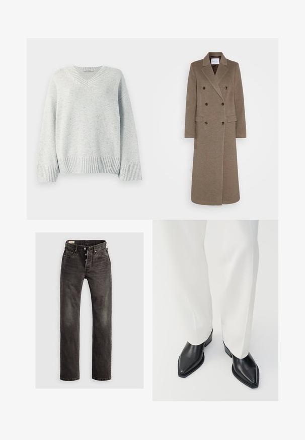 Dvojitě zapínaný hnědý vlněný kabát s klopami, dvěma předními kapsami a kontrastními hnědými knoflíky. Délka kabátu dosahuje do poloviny lýtek.; Světle šedý pletený svetr s výstřihem do V, žebrovaným lemem a rukávy. Má strukturovanou tkaninu s jemnými skvrnami v celé ploše.; Tmavě šedé džíny rovného střihu vyrobené z denimu, s knoflíkovým zapínáním, pěti kapsami a jemným vybledlým detailem na látce.; Černé kožené kotníkové boty s špičatou špičkou, hladkým povrchem a nízkým blokovým podpatkem, v kombinaci s bílými širokými kalhotami. Jednoduchý a moderní design.