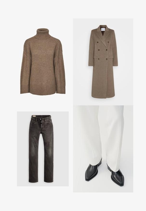 Dvojradový hnedý vlnený kabát s klopami, dvoma prednými vreckami a kontrastnými hnedými gombíkmi. Dĺžka dosahuje po polovicu lýtok.; Pieces PCNANCY LS LOOSE ROLL NECK NOOS BC
- Svetrík - fossil; Tmavošedé rovné džínsy vyrobené z denimu, s gombíkovým zapínaním, dizajnom s piatimi vreckami a jemným vyblednutím na látke.; Čierne ankle boots s ostrou špičkou a hladkým koženým povrchom, s nízkym blokovým podpätkom, v kombinácii s bielymi širokými nohavicami. Jednoduchý a moderný dizajn.