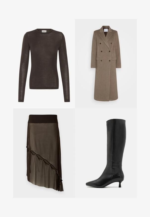 Dobbeltradet brun ullkåpe med spiss revers, to frontlommer og kontrasterende brune knapper. Lengden når til midt på leggen.; Brun langermet genser med rund hals, i en tettsittende fasong laget av lett, noe gjennomsiktig strikket stoff.; Sort mesh skjørt med en tettsittende linning, asymmetrisk kant, dekorative knapper langs fronten og lagdelt gjennomsiktig tekstur.; Zign Støvler - black