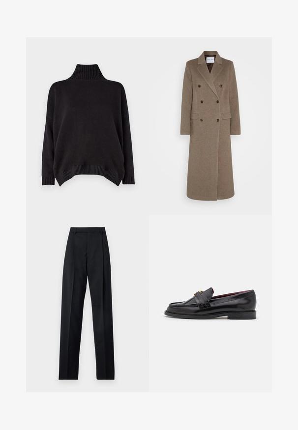Dvojvrstni rjav volnen plašč z zareznimi ovratniki, dvema sprednjima žepoma in kontrastnimi rjavimi gumbi. Dolžina sega do polovičke meč.; Weekend Max Mara BORGIA - Pulover - nero; Črne hlače iz gladkega materiala, ki imajo visok pas, široke noge, sprednje nabore in klasične zanke za pas. Nevidni stranski žepi.; Črne usnjene loafers čevlje z nežnim vzorcem, gladko teksturo, podrobnostmi z zlatimi zaponkami in zaobljenim prednjim delom, postavljeni na nizkem črnem podplatu.