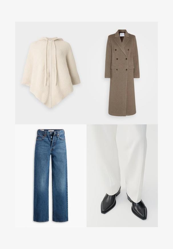 Dvojvrstni rjav volnen plašč z zareznimi ovratniki, dvema sprednjima žepoma in kontrastnimi rjavimi gumbi. Dolžina sega do polovičke meč.; Pončo kremne barve z ruto, izdelan iz mehke tkanine. Ima rebraste robove in sprednji odprtino z vrvicami za zategovanje.; Modri traper hlače širokega kroja, s petimi žepi, gumbnim zapiranjem in kontrastnim šivanjem. Tekstilirana tkanina z utrujenim koncem.; Črne ankle škornje s koničasto špico in gladkim usnjem, nizkimi blok petami, v kombinaciji z belimi širokimi hlačami. Preprost in moden dizajn.