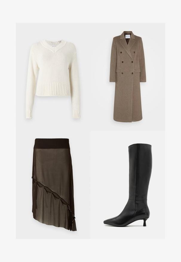 Kaksirivinen ruskea villakangastakki, jossa on viistetyt läpät, kaksi etutaskua ja kontrastoivat ruskeat napit. Pituus ulottuu puoleen sääristä.; Valkoinen neulepaita, jossa on V-pääntie, ribattu helma ja pitkät hihat. Valmistettu tekstuurikankaasta, joka tarjoaa laatikkomaisen siluetin.; Mustat verkkohame, jossa on istuva vyötärö, epäsymmetrinen helma, koristeelliset napit edessä ja kerroksellinen läpikuultava rakenne.; Zign Saappaat - black