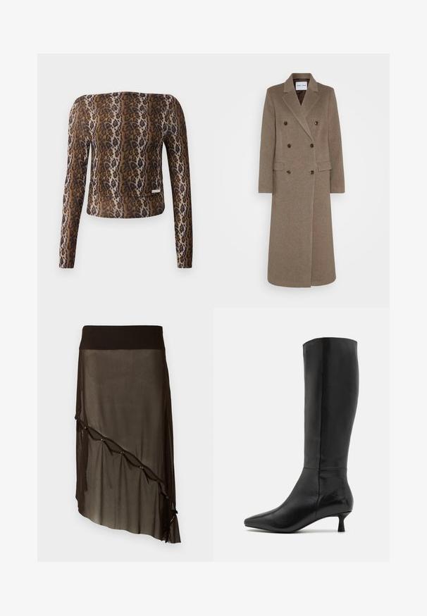 Cappotto in lana marrone doppiopetto con rever a punta, due tasche frontali e bottoni marroni a contrasto. La lunghezza raggiunge la metà del polpaccio.; Top corto a maniche lunghe in stampa leopardata, con una texture morbida, palette di colori marrone e nero, e un sottile logo accentuato all'orlo.; Gonna nera in rete con vita aderente, orlo asimmetrico, bottoni decorativi lungo il davanti e texture sovrapposta trasparente.; Zign Stivali alti - black