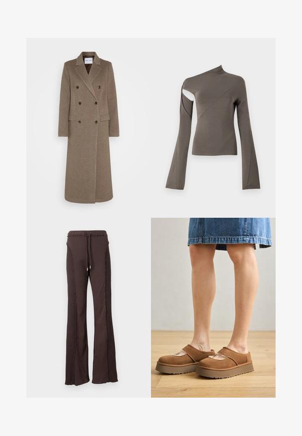 Doppelreiher brauner Wollmantel mit schmalen Revers, zwei vorderen Taschen und kontrastierenden braunen Knöpfen. Die Länge reicht bis zur Mitte der Waden.; Asymmetrisches Langarmoberteil in Olivgrün, mit einem Ausschnitt an einer Schulter, glatter Textur und weitem Ärmel-Design.; Braune gerippte Schlaghosen mit einem Kordelzugbund und dekorativen Nähten an den Seiten. Weicher Stoff mit lockerer Passform.; Braune Wildleder-Plateauschuhe mit abgerundetem Zehenbereich, Cut-out-Details und einer stabilen Sohle, kombiniert mit einem Jeansrock auf einem Holzboden.