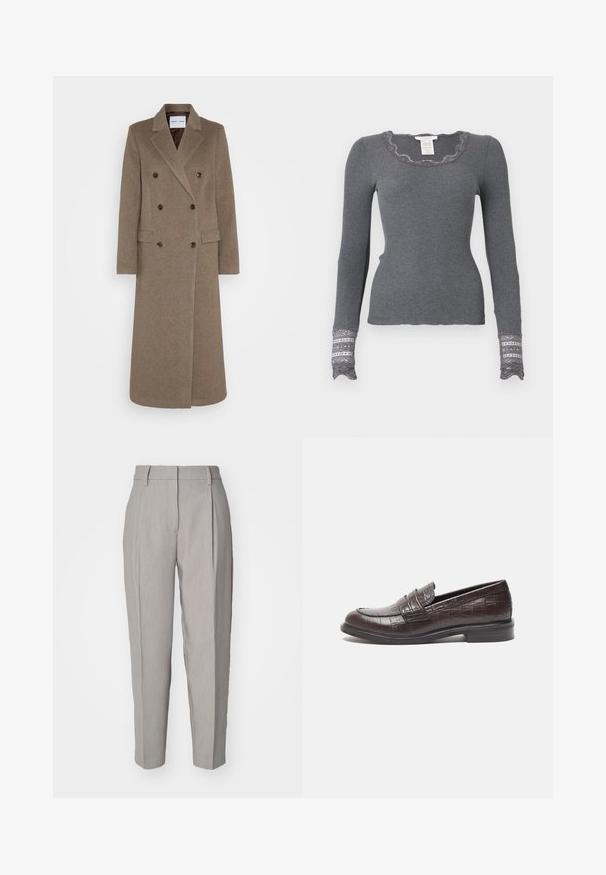 Manteau en laine marron à double boutonnage avec revers crantés, deux poches avant et boutons marron contrastants. Longueur atteignant le mollet.; Haut à manches longues gris en ribbed avec un col à volants et des poignets accentués de dentelle, présentant un motif texturé.; Pantalons tailleur gris clair avec une texture lisse, devant plissé et design à jambe droite. Comprend des passants de ceinture et une finition polie.; Mocassins en cuir brun foncé avec une texture crocodile, un petit talon et des détails cousus à l'avant pour un design ajouté.