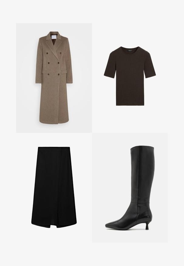 Doppelreiher brauner Wollmantel mit schmalen Revers, zwei vorderen Taschen und kontrastierenden braunen Knöpfen. Die Länge reicht bis zur Mitte der Waden.; Dunkelbraunes Kurzarm-T-Shirt mit Rundhalsausschnitt, schlichtes Design mit geripptem Kragen, mit dem Etikett Massimo Dutti am Kragen.; Schwarzer knielanger Rock mit hoher Taille und einem Schlitzdetail vorne.; Zign Stiefel - black