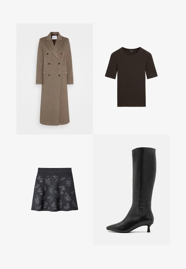 Doppelreiher brauner Wollmantel mit schmalen Revers, zwei vorderen Taschen und kontrastierenden braunen Knöpfen. Die Länge reicht bis zur Mitte der Waden.; Dunkelbraunes Kurzarm-T-Shirt mit Rundhalsausschnitt, schlichtes Design mit geripptem Kragen, mit dem Etikett Massimo Dutti am Kragen.; Dunkelgrauer ausgestellter Rock mit einem strukturierten Muster aus hellgrauen Blumendesigns. Verfügt über einen glatten Bund und weiches Material.; Zign Stiefel - black